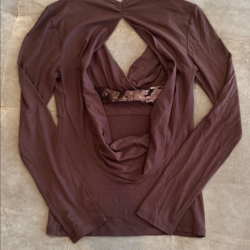 BCBGMaxAzria Vintage Chocolate Top With Chocolate Brown Sequin Band Across Back